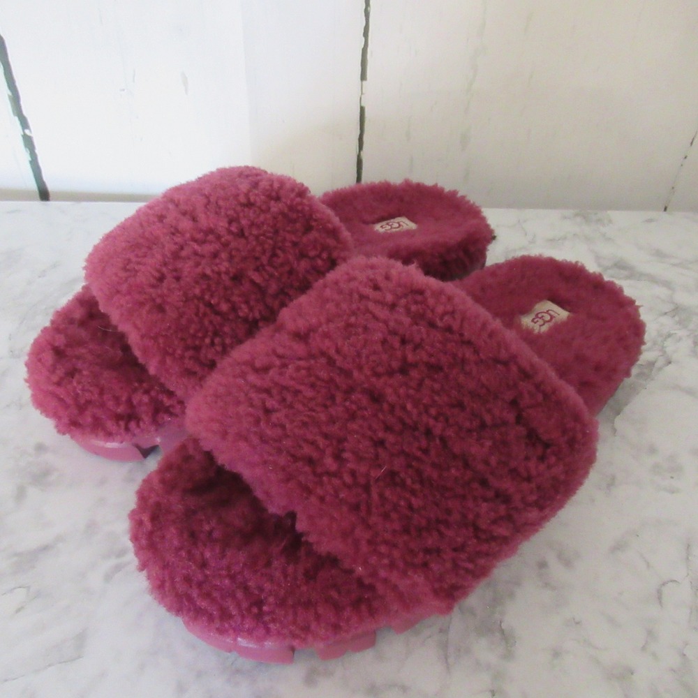 Ugg Slippers 40 9 Cozetta Curly Shearling Slides Furry Platform Cordial Burgundy